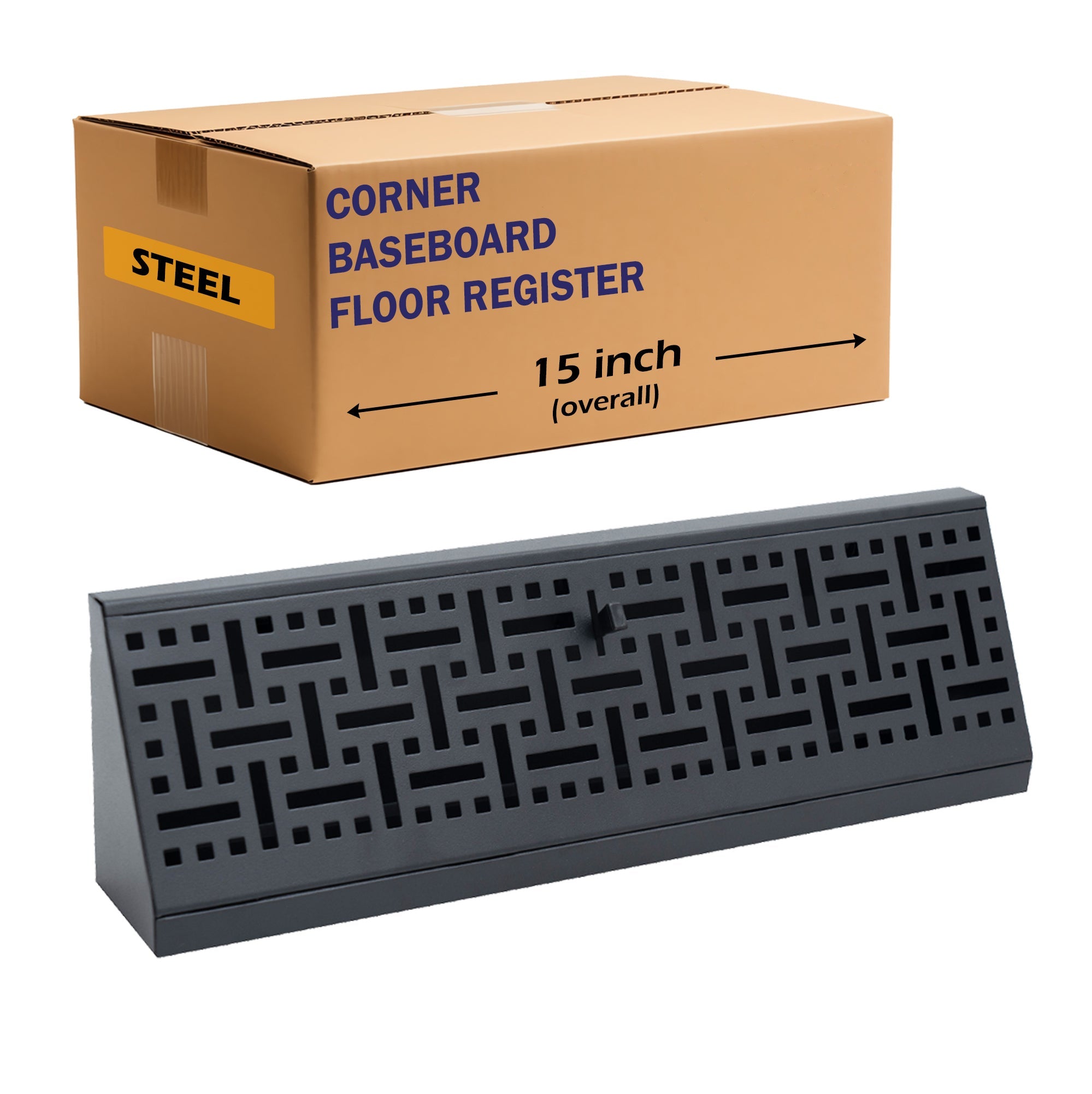 15" Black Steel corner baseboard supply register, packaging