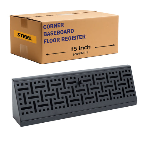 15" Black Steel corner baseboard supply register, packaging