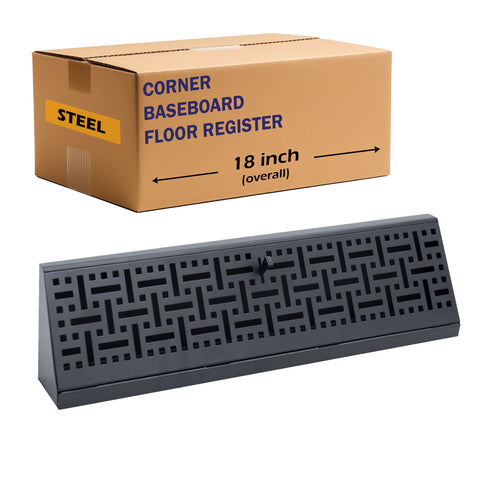 18" Black Steel corner baseboard supply register, packaging