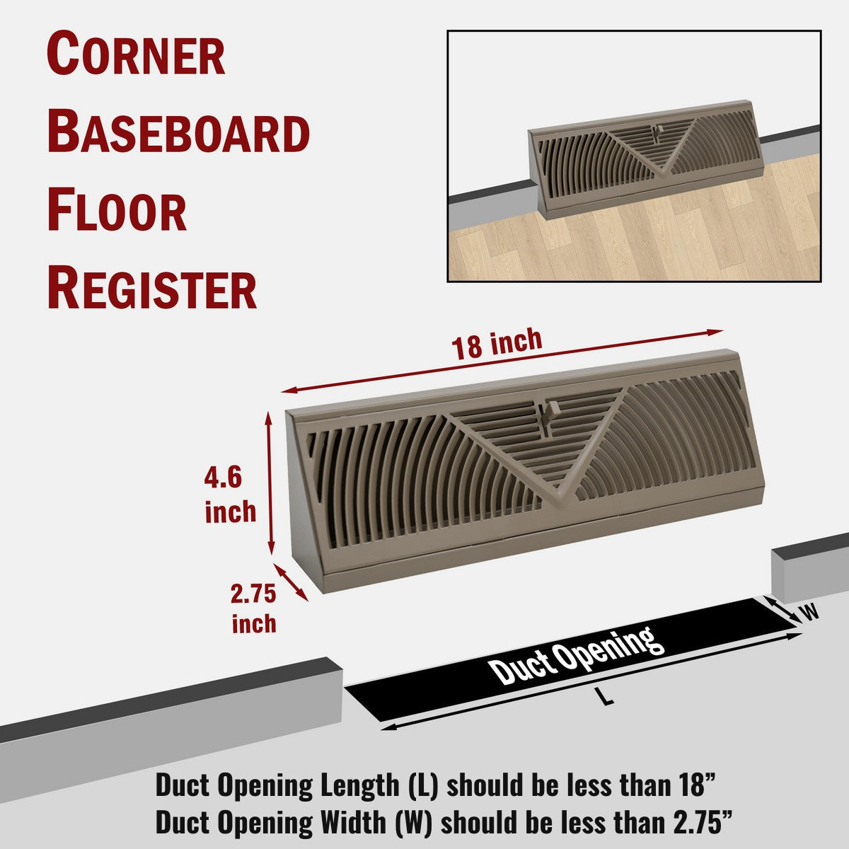 18" Brown Steel corner baseboard supply register, dimensions