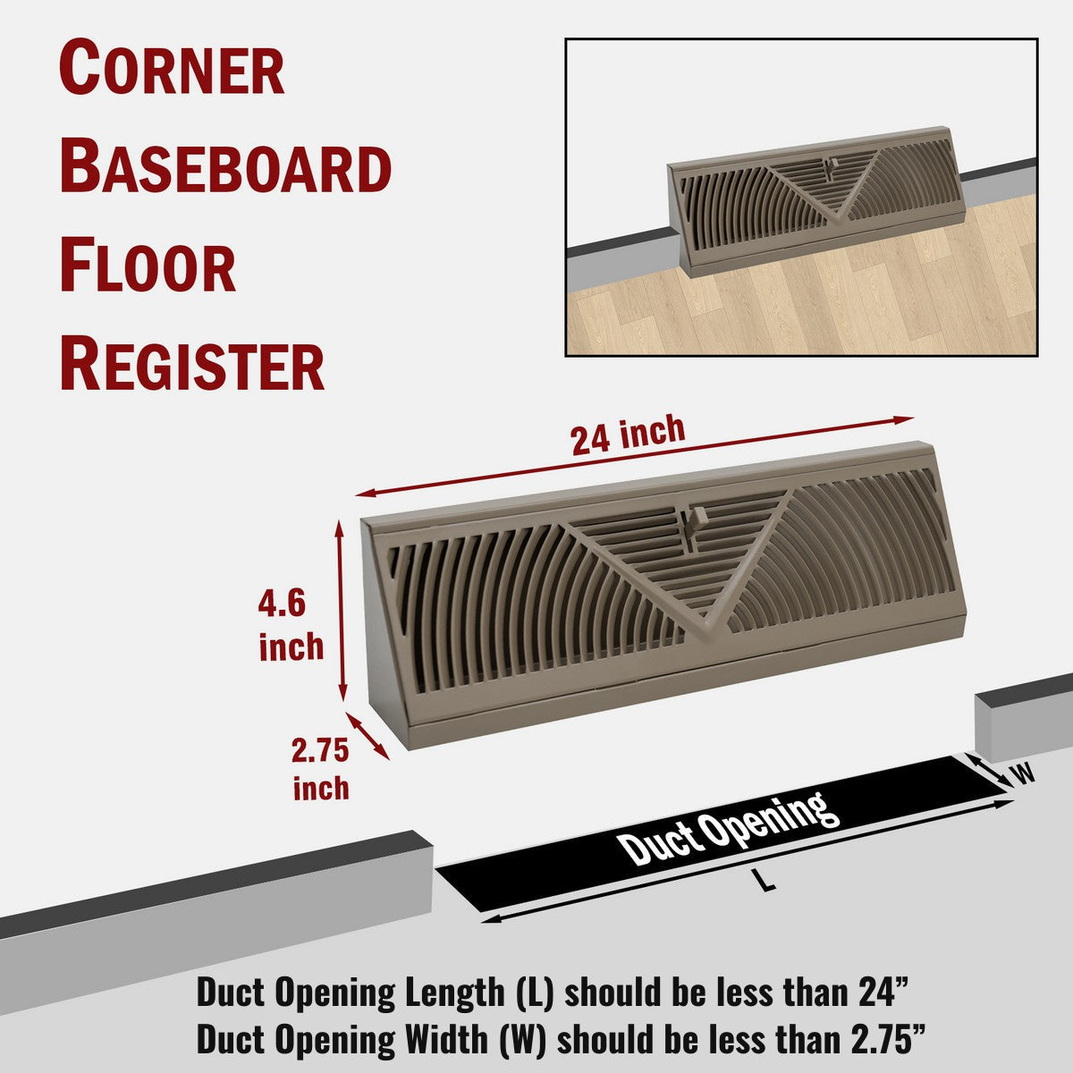 24" Brown Steel corner baseboard supply register, dimensions