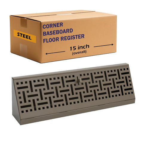 15" Brown Steel corner baseboard supply register, packaging