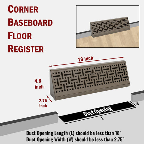18" Brown Steel corner baseboard supply register, dimensions