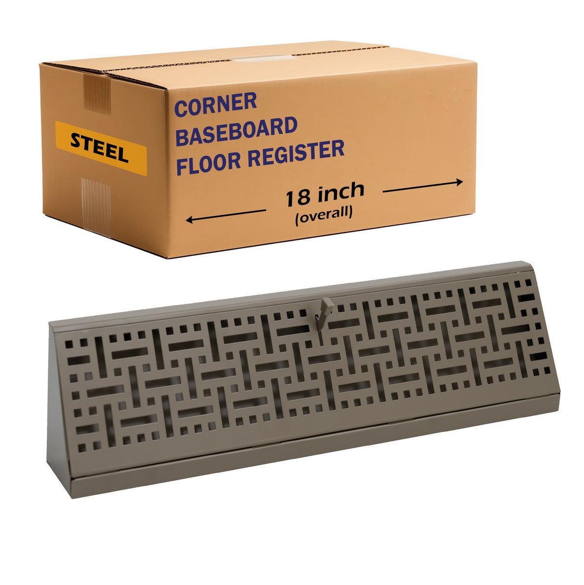 18" Brown Steel corner baseboard supply register, packaging