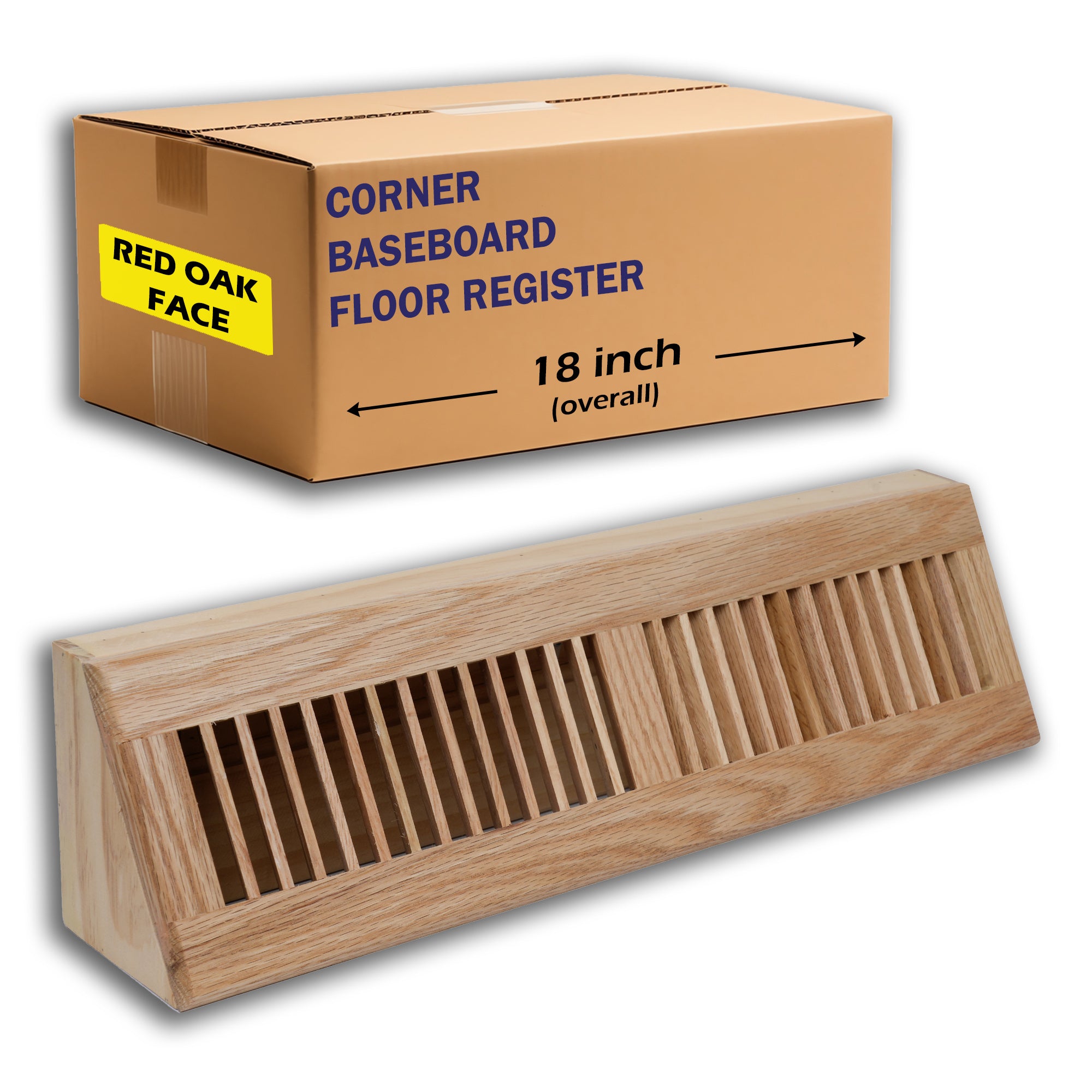 18" Oak Wood corner baseboard supply register, packaging