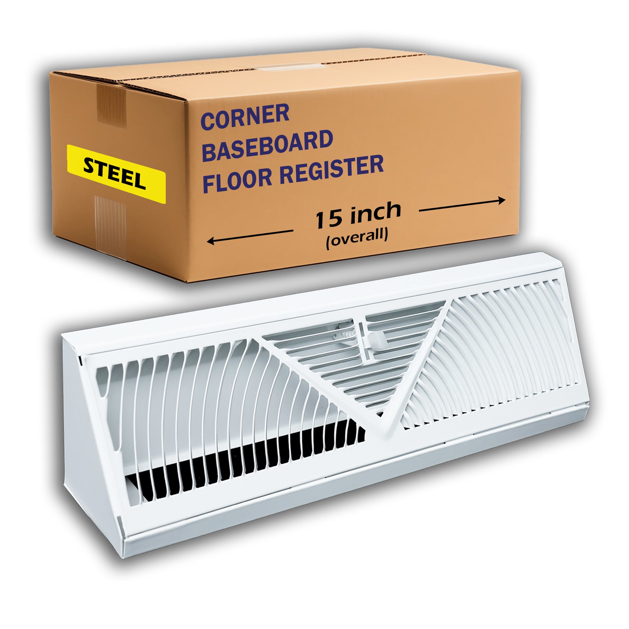 15" White Steel corner baseboard supply register, packaging
