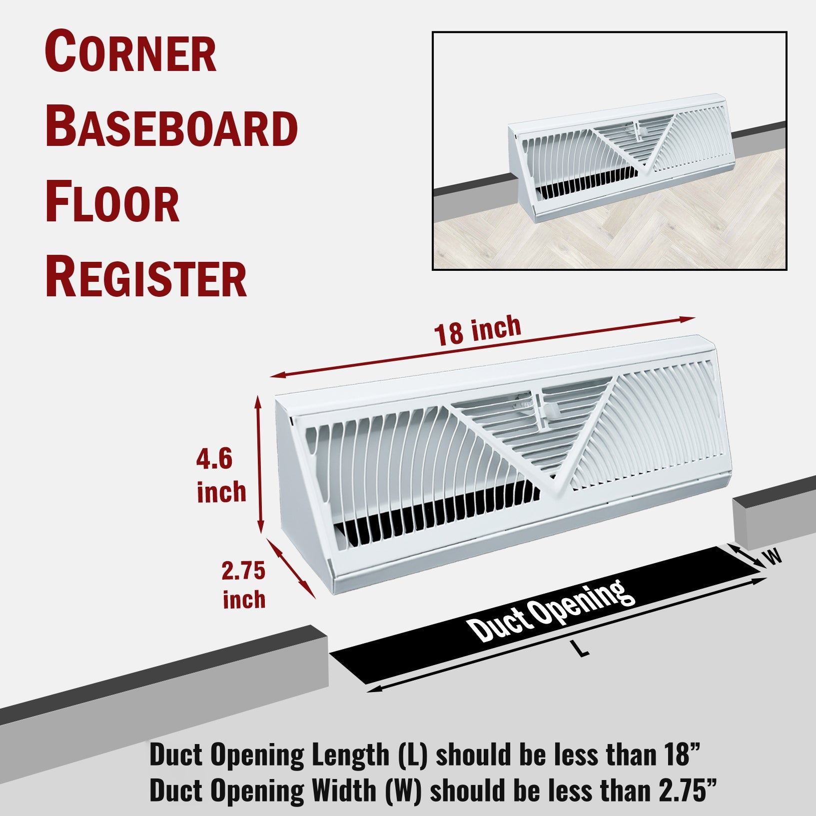 18" White Steel corner baseboard supply register, dimensions