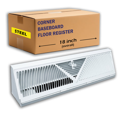 18" White Steel corner baseboard supply register, packaging