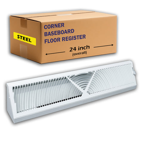 24" White Steel corner baseboard supply register, packaging