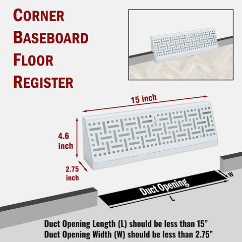 15" White Steel corner baseboard supply register, dimensions