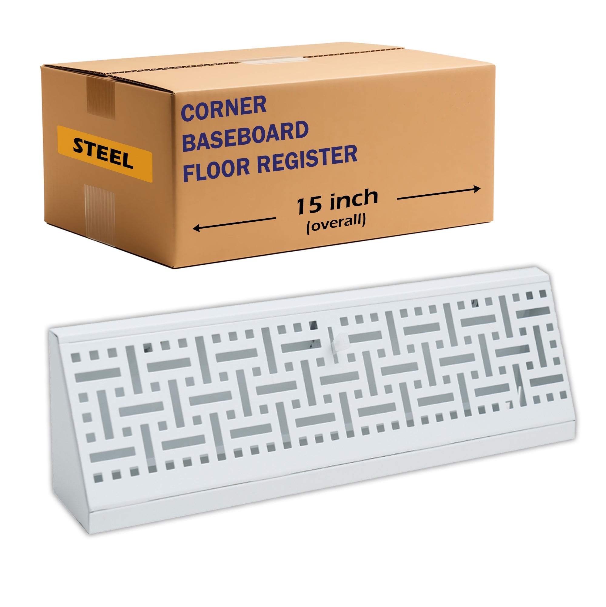 15" White Steel corner baseboard supply register, packaging