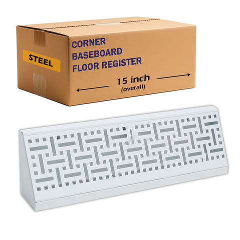 15" White Steel corner baseboard supply register, packaging