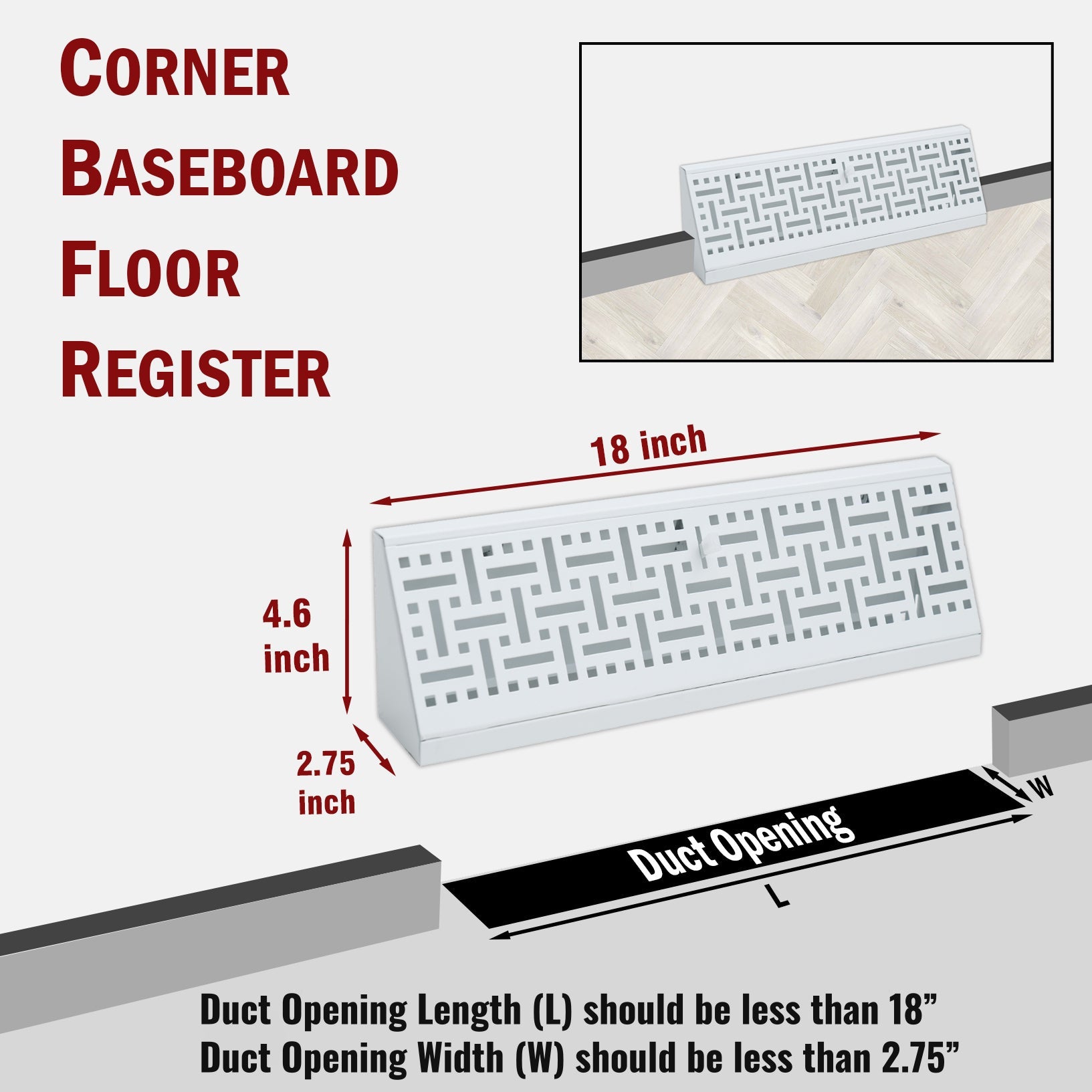 18" White Steel corner baseboard supply register, dimensions