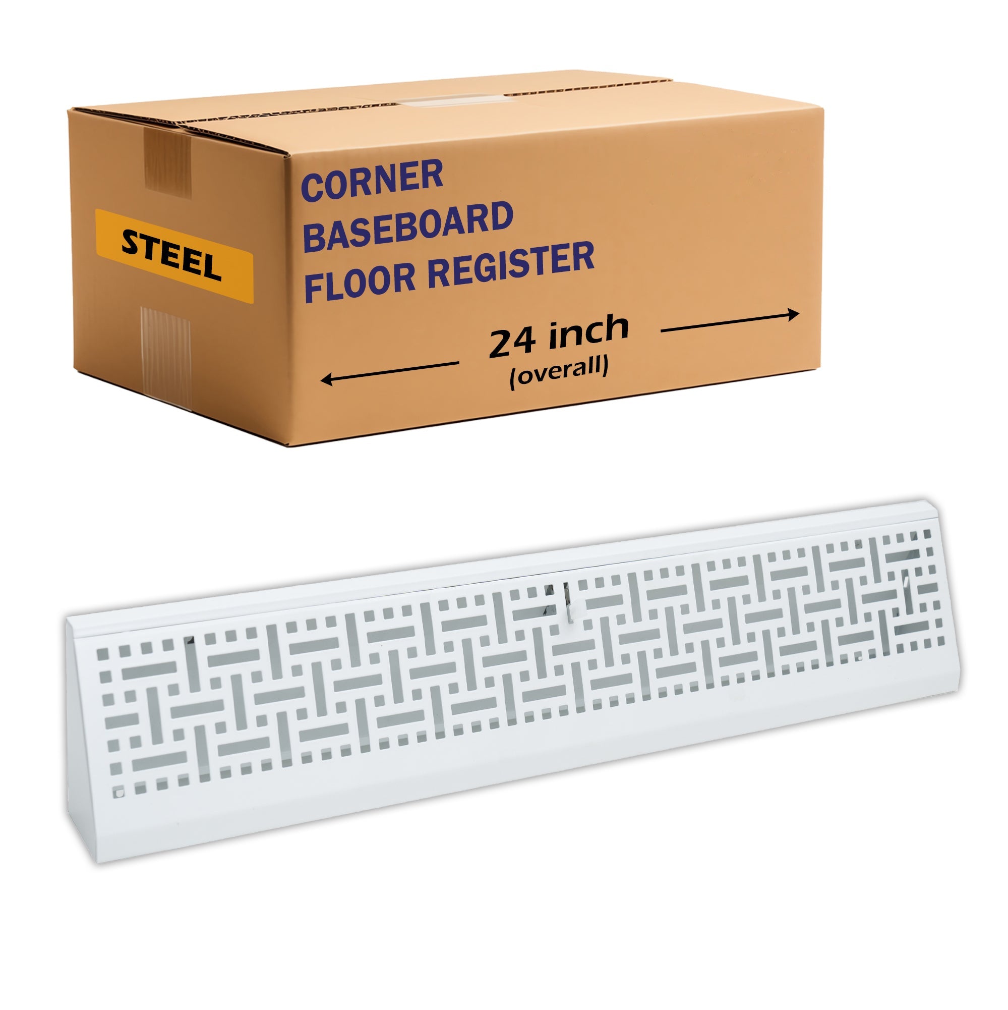 24" White Steel corner baseboard supply register, packaging
