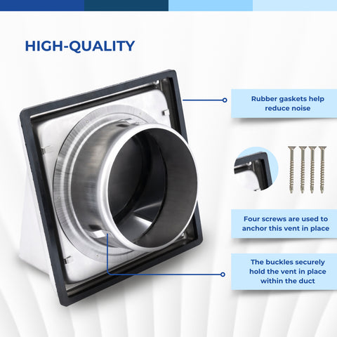 4" Stainless Steel Square Dryer Vent Cover with Non-Return Flap, Weatherproof Exterior Wall Exhaust Vent
