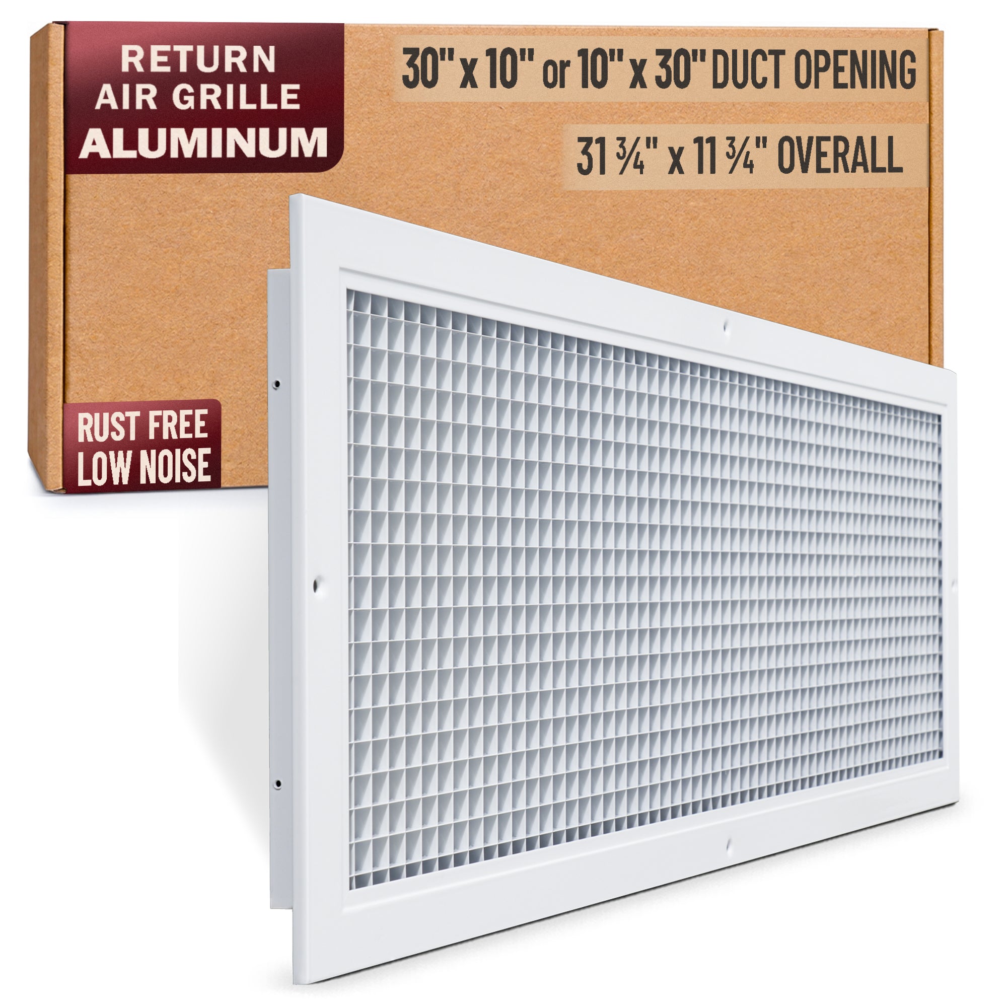 30 x 10-inch White Aluminum eggcrate return grille, packaging