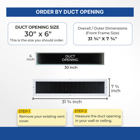 30 x 6-inch White Aluminum eggcrate return grille, dimensions