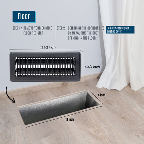 Fits 4x12 and 12x4 Duct Opening | Floor Register with Louvered Design by Handua | Heavy Duty Walkable Design with Damper | Floor Vent Grille | Easy to Adjust Air Supply Lever | Black