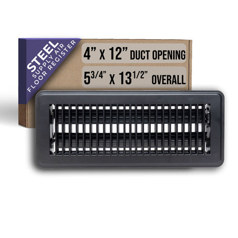 4"x12" Heavy Duty Steel Floor Register, Louvered Air Vent with Adjustable Damper | Black | Out. Dim.: 5-3/4"W X 13-3/4"H
