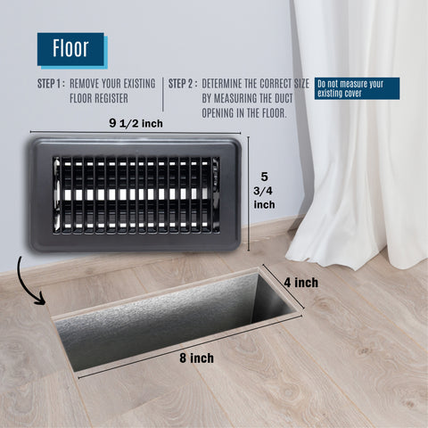 4"x8" Heavy Duty Steel Floor Register, Louvered Air Vent with Adjustable Damper | Black | Out. Dim.: 5-3/4"W X 9-3/4"H