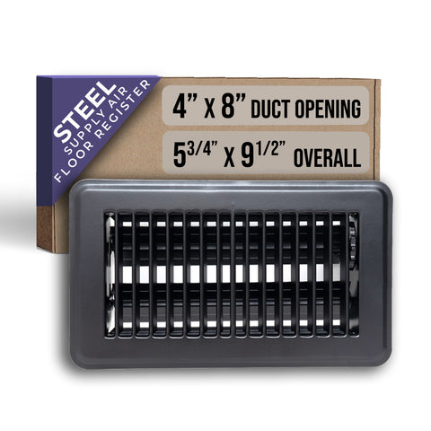 4"x8" Heavy Duty Steel Floor Register, Louvered Air Vent with Adjustable Damper | Black | Out. Dim.: 5-3/4"W X 9-3/4"H