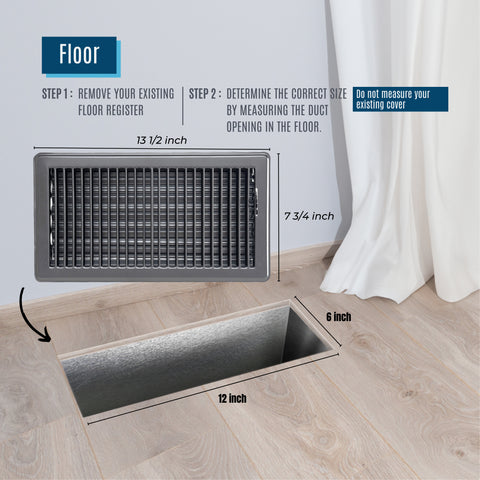 6"x12" Heavy Duty Steel Floor Register, Louvered Air Vent with Adjustable Damper | Black | Out. Dim.: 7-3/4"W X 13-3/4"H