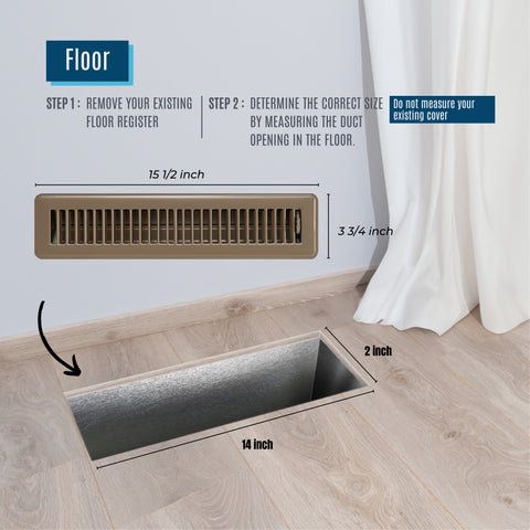 2" x 14" [Duct Opening] Floor Register with Louvered Design | Heavy Duty Walkable Design with Damper | Floor Vent Grille | Easy to Adjust Air Supply lever | Brown | Outer Dimensions: 3.75" X 15.5"
