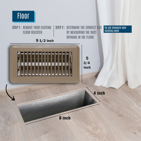 4"x8" Heavy Duty Steel Floor Register, Louvered Air Vent with Adjustable Damper | Brown | Out. Dim.: 5-1/2"W X 9-3/4"H