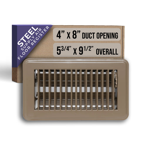 4"x8" Heavy Duty Steel Floor Register, Louvered Air Vent with Adjustable Damper | Brown | Out. Dim.: 5-1/2"W X 9-3/4"H