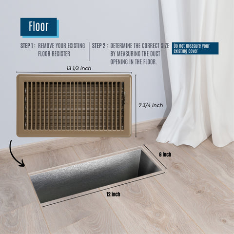 6" x 12" [Duct Opening]  Floor Register with Louvered Design | Heavy Duty Walkable Design with Damper | Floor Vent Grille | Easy to Adjust Air Supply lever | Brown | Outer Dimensions: 7.75" X 13.5"