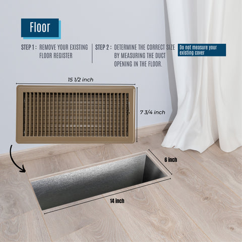 6" x 14"  [Duct Opening] Floor Register with Louvered Design | Heavy Duty Walkable Design with Damper | Floor Vent Grille | Easy to Adjust Air Supply lever | Brown | Outer Dimensions: 7.75" X 15.5"