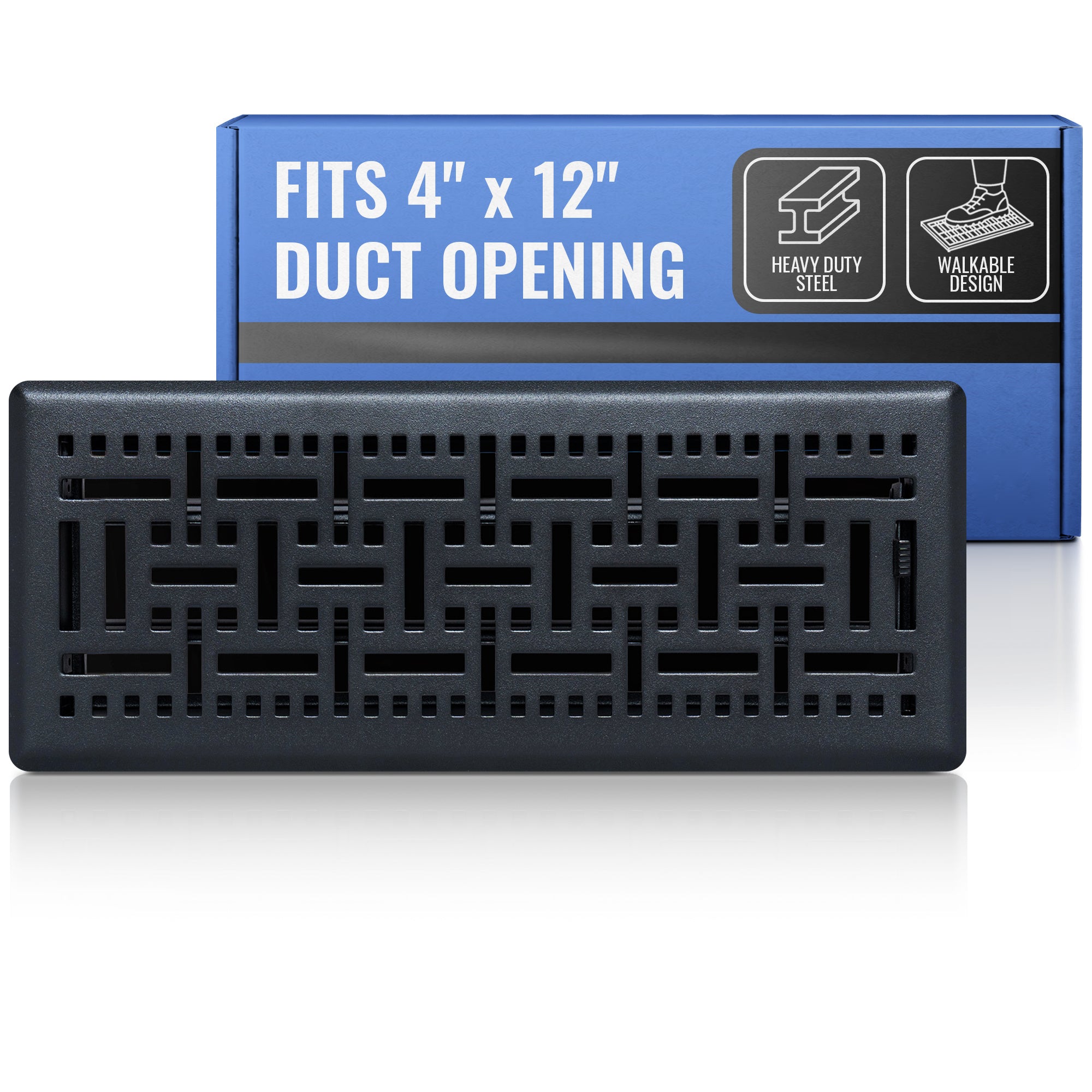 4 x 12-inch Matte Black Steel decorative floor register, packaging