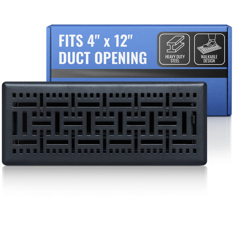 4 x 12-inch Matte Black Steel decorative floor register, packaging