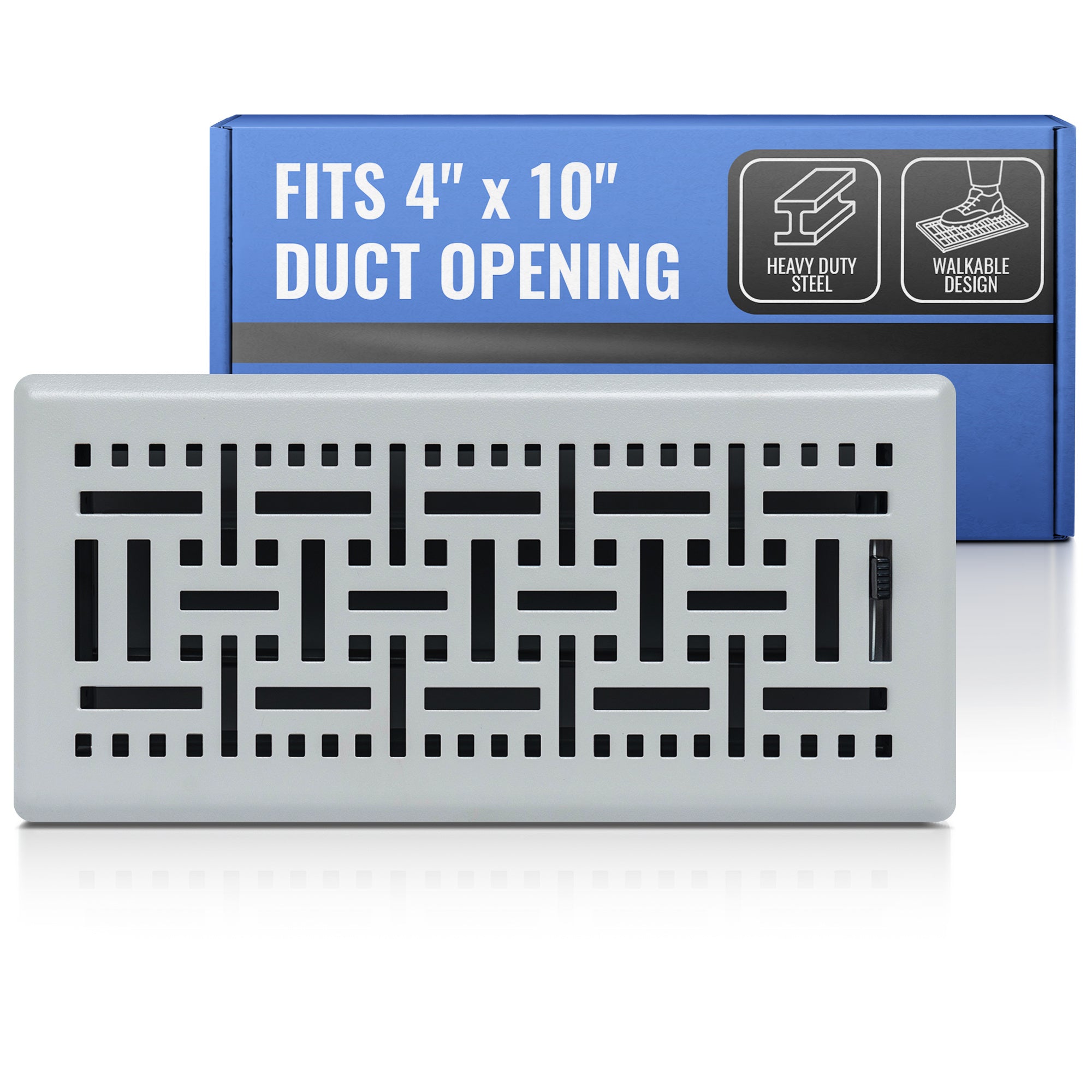 4 x 10-inch Light Gray Steel decorative floor register, packaging