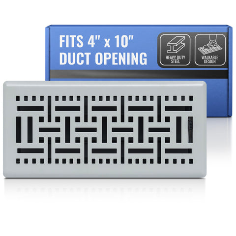 4 x 10-inch Light Gray Steel decorative floor register, packaging