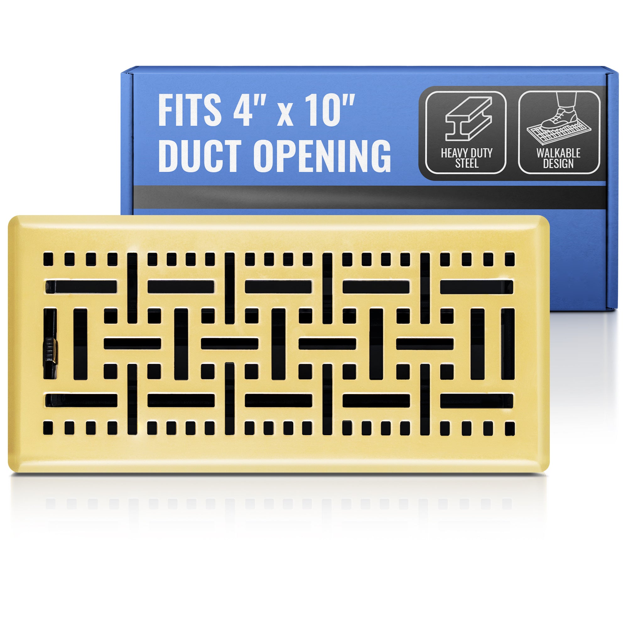 4 x 10-inch Polished Brass Steel decorative floor register, packaging