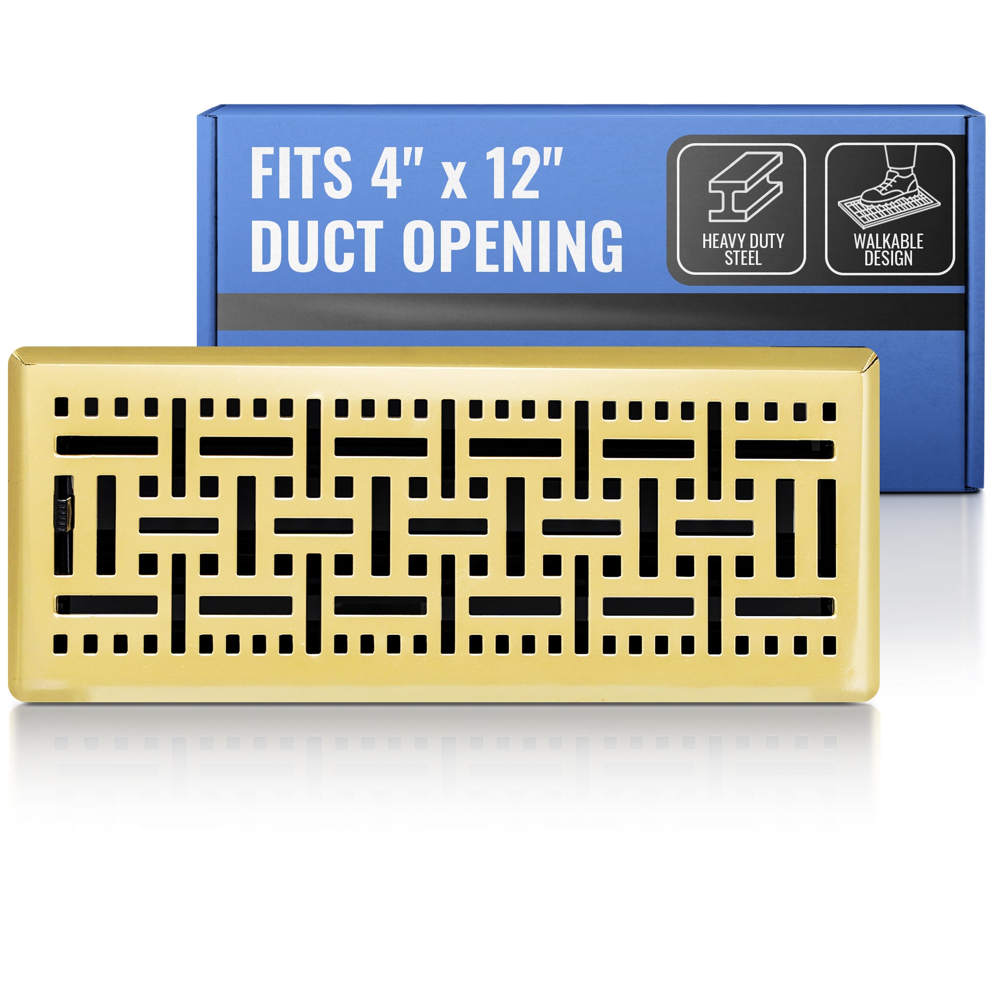 4 x 12-inch Polished Brass Steel decorative floor register, packaging