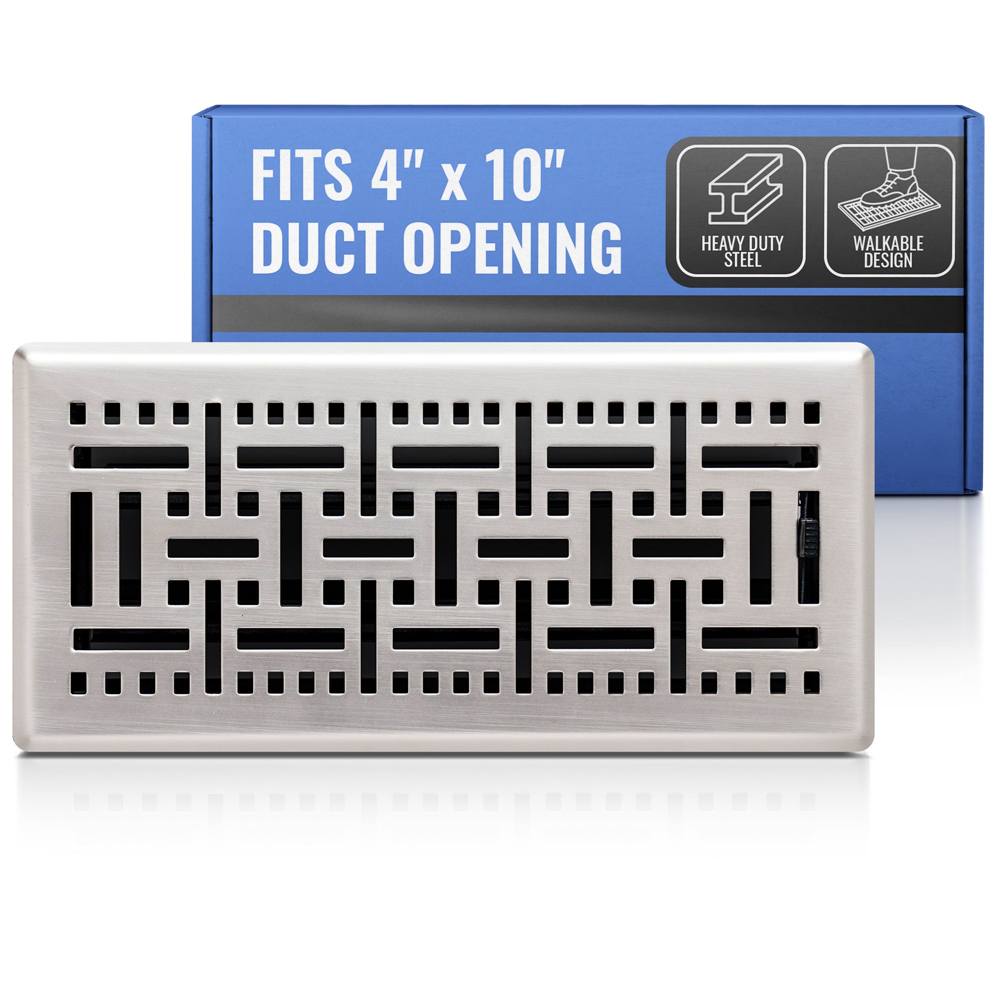 4 x 10-inch Satin Nickel Steel decorative floor register, packaging