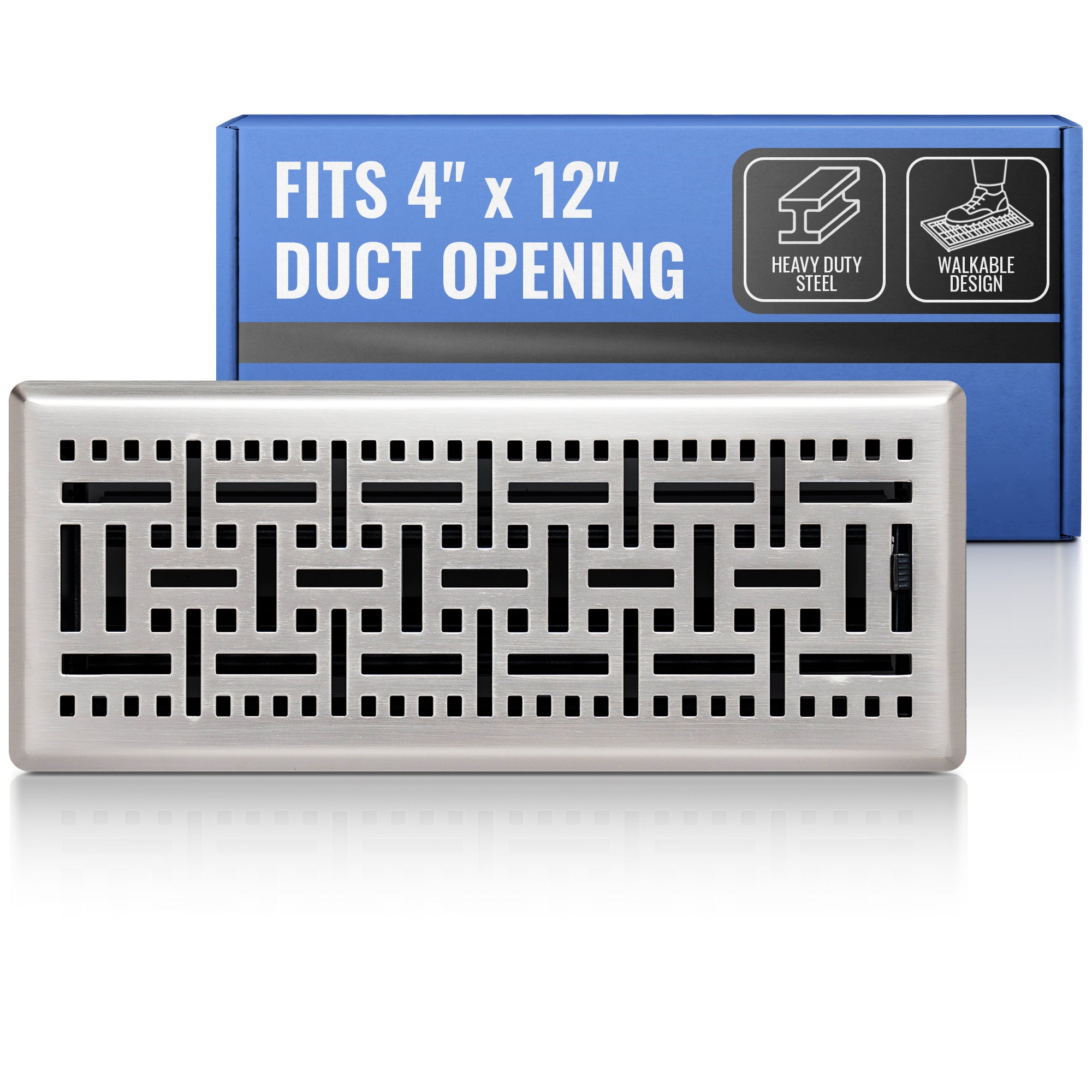 4 x 12-inch Satin Nickel Steel decorative floor register, packaging