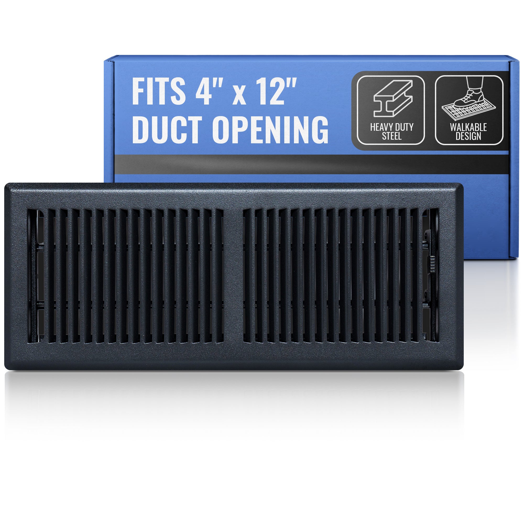 4 x 12-inch Matte Black Steel decorative floor register, packaging