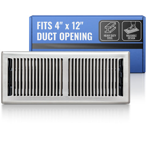 4 x 12-inch Satin Nickel Steel decorative floor register, packaging