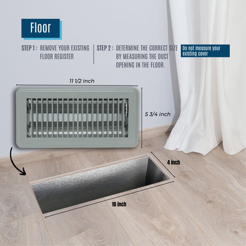 4"x10" Heavy Duty Steel Floor Register, Louvered Air Vent with Adjustable Damper | Gray | Out. Dim.: 5-3/4"W X 11-3/4"H