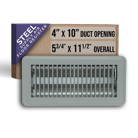 4"x10" Heavy Duty Steel Floor Register, Louvered Air Vent with Adjustable Damper | Gray | Out. Dim.: 5-3/4"W X 11-3/4"H