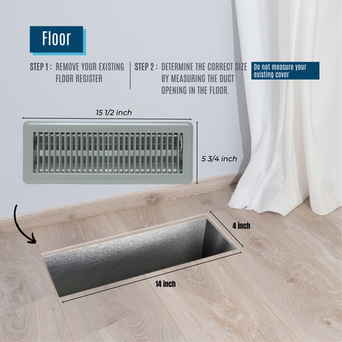 4"x14" Heavy Duty Steel Floor Register, Louvered Air Vent with Adjustable Damper | Gray | Out. Dim.: 5-3/4"W X 15-3/4"H