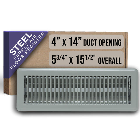 4"x14" Heavy Duty Steel Floor Register, Louvered Air Vent with Adjustable Damper | Gray | Out. Dim.: 5-3/4"W X 15-3/4"H