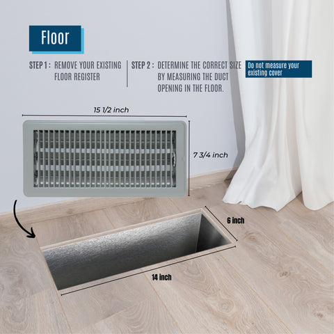 6"x14" Heavy Duty Steel Floor Register, Louvered Air Vent with Adjustable Damper | Gray | Out. Dim.: 7-3/4"W X 15-3/4"H