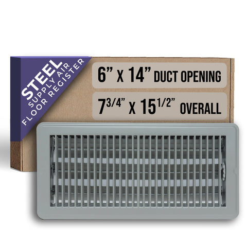 6"x14" Heavy Duty Steel Floor Register, Louvered Air Vent with Adjustable Damper | Gray | Out. Dim.: 7-3/4"W X 15-3/4"H