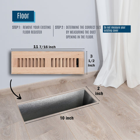 2"x10" Heavy Duty Steel Floor Register, Louvered Air Vent with Adjustable Damper | Oak | Out. Dim.: 3-3/4"W X 11-3/4"H
