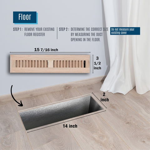 2"x14" Heavy Duty Steel Floor Register, Louvered Air Vent with Adjustable Damper | Oak | Out. Dim.: 3-3/4"W X 15-3/4"H