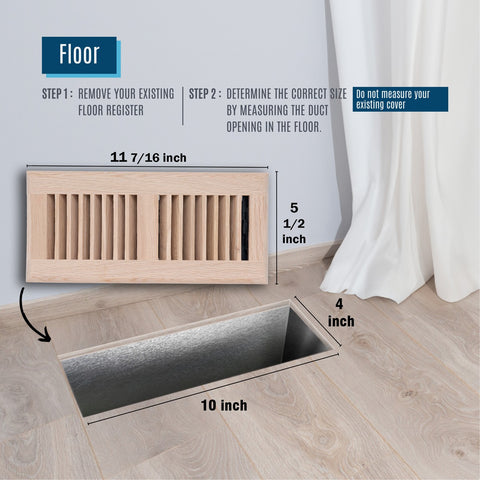 4"x10" Heavy Duty Steel Floor Register, Louvered Air Vent with Adjustable Damper | Oak | Out. Dim.: 5-3/4"W X 11-3/4"H